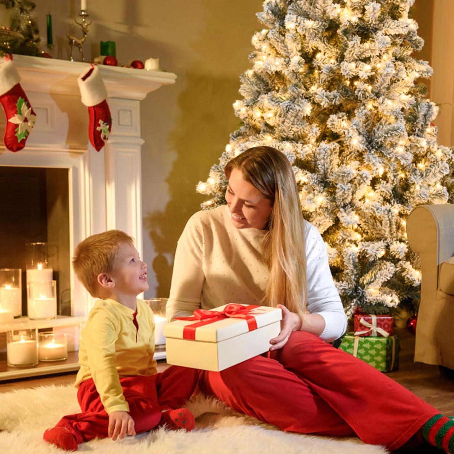Albero di Natale Innevato 180/225 cm, Albero di Natale con 250/450 Luci a LED Bianco Caldo, 600/1010 Rami Folti e Base Metallica, Ideale per Casa, Ufficio e Negozio (225 CM)