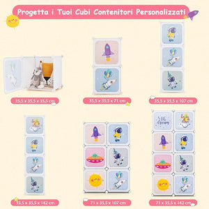 Armadio Portatile per Bambini, Organizzatore Modulari per Bambini a 8 cubi con Ante e Sezione Appendiabiti, Guardaroba Portatile per Sala Giochi Camera da Letto Asilo, 71x35,5x142 cm (Bianco)