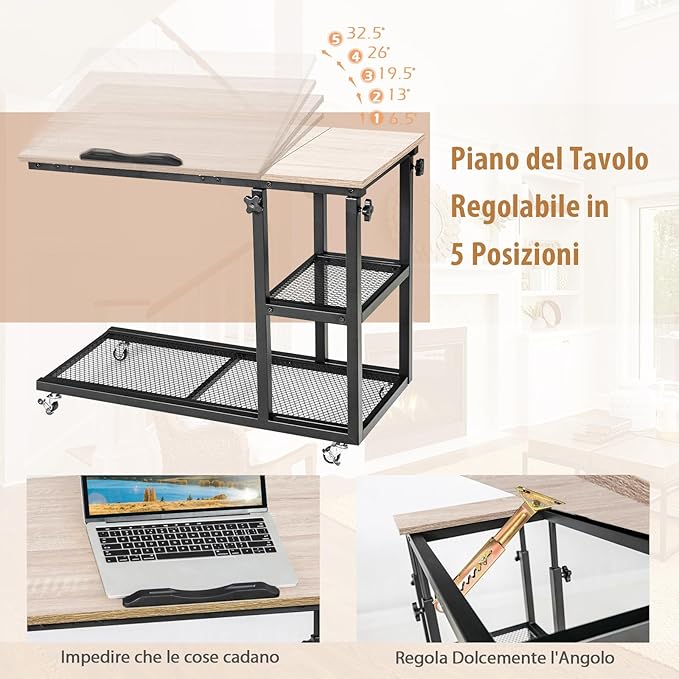 Tavolino Porta PC Regolabile in Altezza e Inclinazione, Tavolo Laterale per Letto e Divano con Ruote, Tavolino in Legno e Metallo per Salotto e Camera da letto, 80 x 40 x 64-95 cm (naturale)