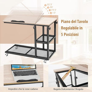 Tavolino Porta PC Regolabile in Altezza e Inclinazione, Tavolo Laterale per Letto e Divano con Ruote, Tavolino in Legno e Metallo per Salotto e Camera da letto, 80 x 40 x 64-95 cm (naturale)