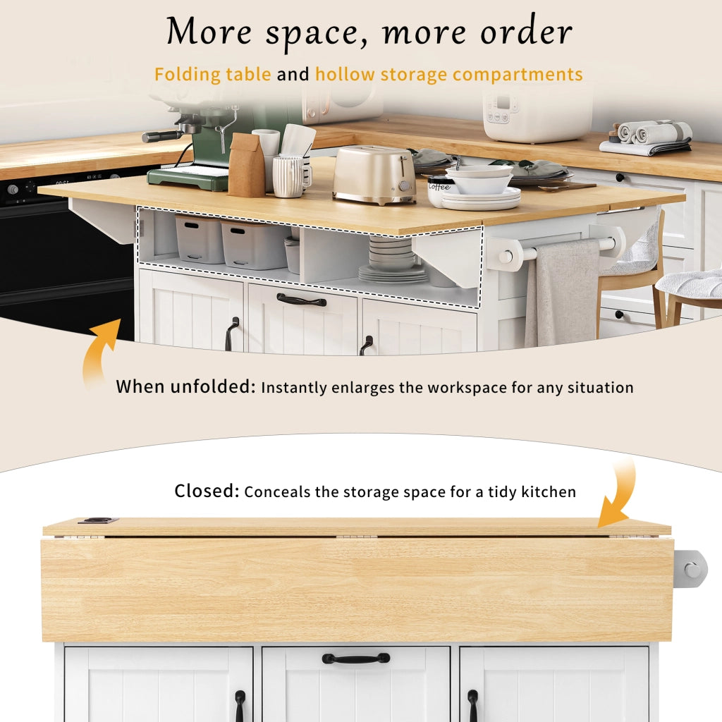 Carrello da Cucina con 2 Ante; 2 Cassetti; Piano Pieghevole; Prese e Portasciugamani; in MDF; Bianco e Naturale