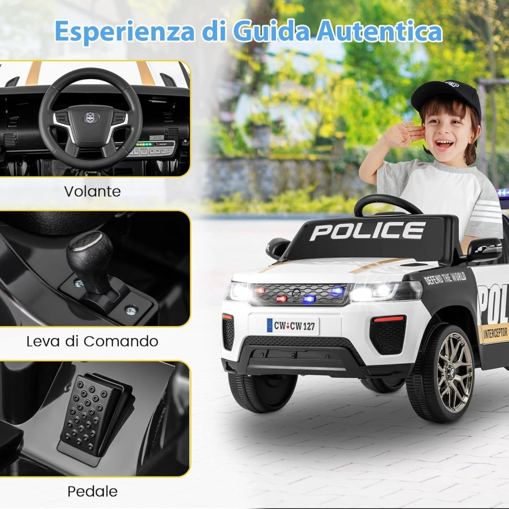 Auto della Polizia per Bambini, Macchina Elettrica 12V con Telecomando Connessione Wireless Musica Clacson Sirena e Luci LED, per Bambini 3-8 Anni