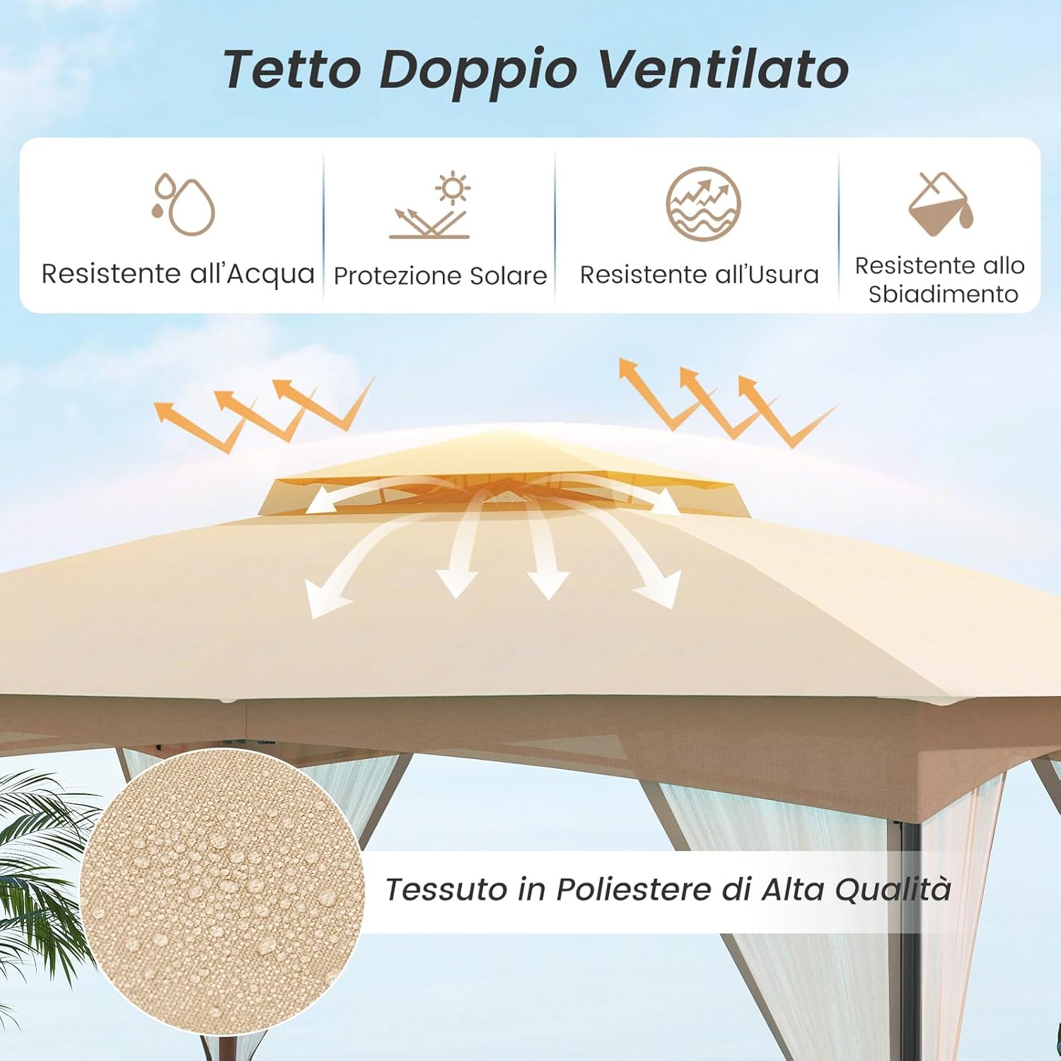 Gazebo da Giardino 3 x 3,6 m, Gazebo con Zanzariera a Doppia Copertura con Sacchetti di Sabbia e Picchetti a Terra, Tenda Impermeabile con Struttura in Metallo per Prato (Kaki)