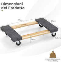 Base con Ruote in Legno di Acacia, Carrello a Pianale con Maniglia per Trasporto, concon Capacità di Carico di 450 kg, 77 x 47 cm (1)