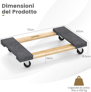 Base con Ruote in Legno di Acacia, Carrello a Pianale con Maniglia per Trasporto, concon Capacità di Carico di 450 kg, 77 x 47 cm (1)