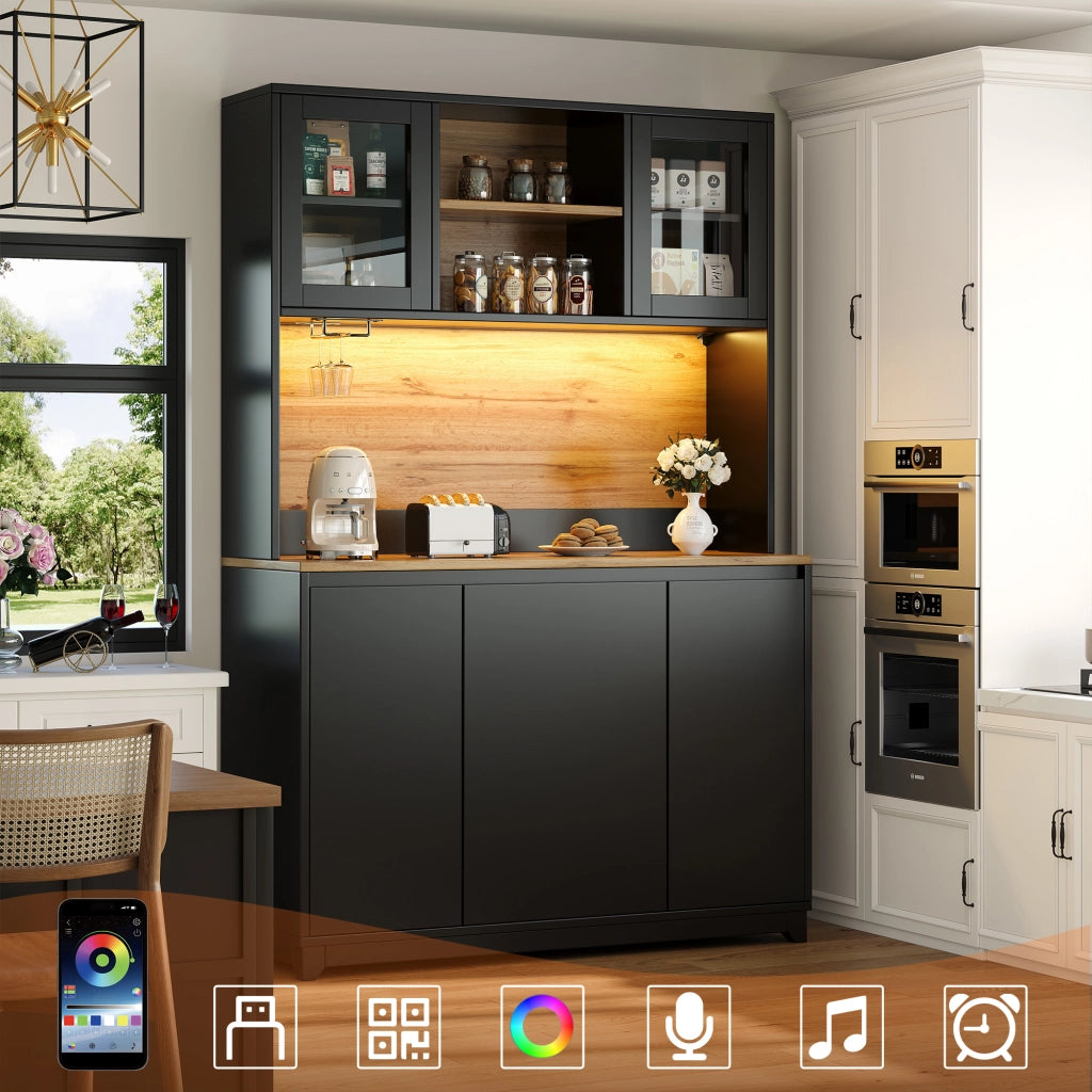 Credenza da Cucina Alta con Vani Aperti; Ante in Acrilico; LED e Vano Portarifiuti; Nero; 120 x 40 x 180 cm