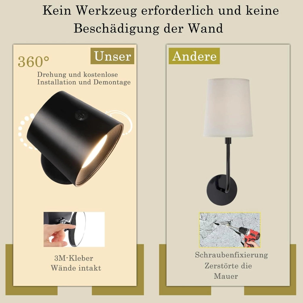 ZMH Applique da parete a LED nera per soggiorno batteria rotazione a 360° controllo touch 3 livelli di luminosità