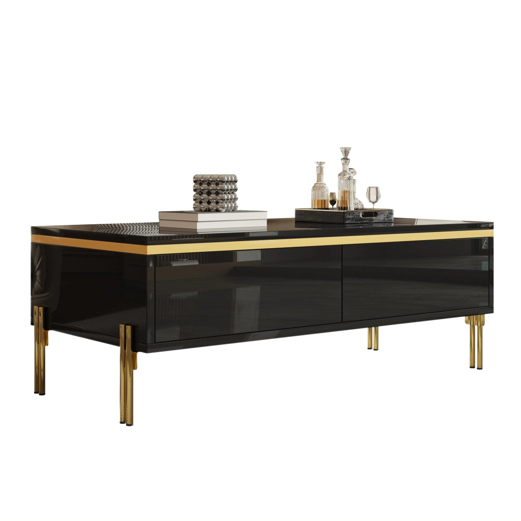 Tavolino da Salotto con 2 Cassetti Nascosti e Gambe in Metallo; Lucido; Stile Moderno; in Truciolare; Nero; 100×50×36 cm