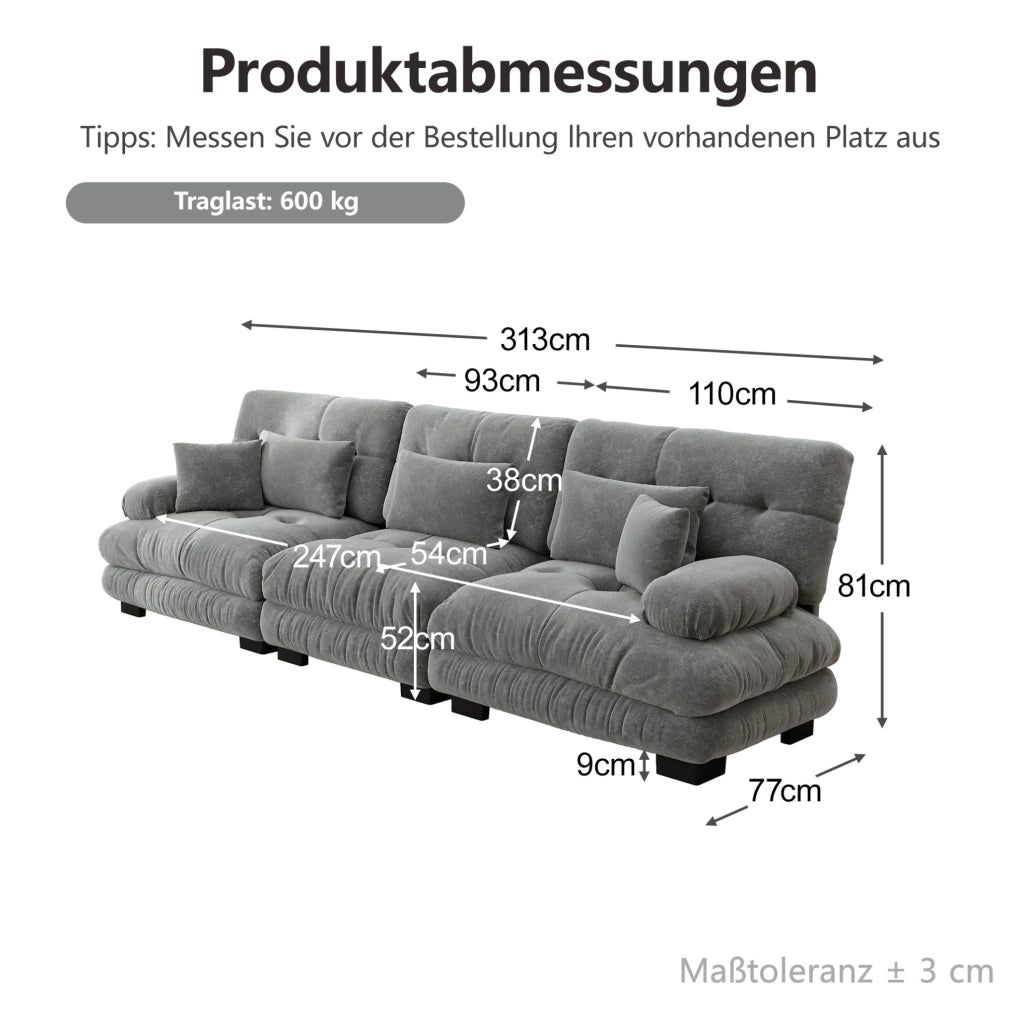 Divano modulare con seduta profonda in chenille grigio