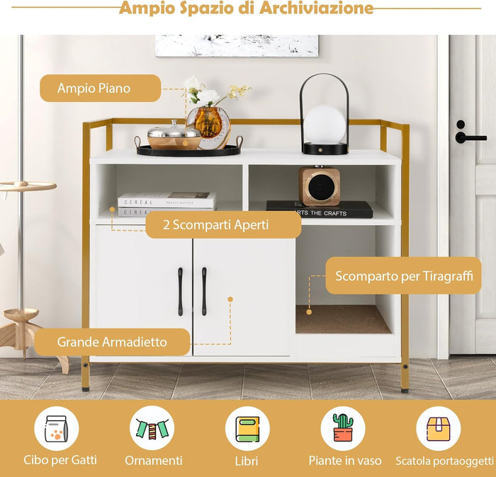 Mobile per Lettiera Gatti con Ripiani Aperti e Ripiani Chiusi con Maniglie, Mobiletto Multiuso in Legno e Metallo, Ideale per Ingresso e Soggiorno, Portata 50 kg (Bianco)
