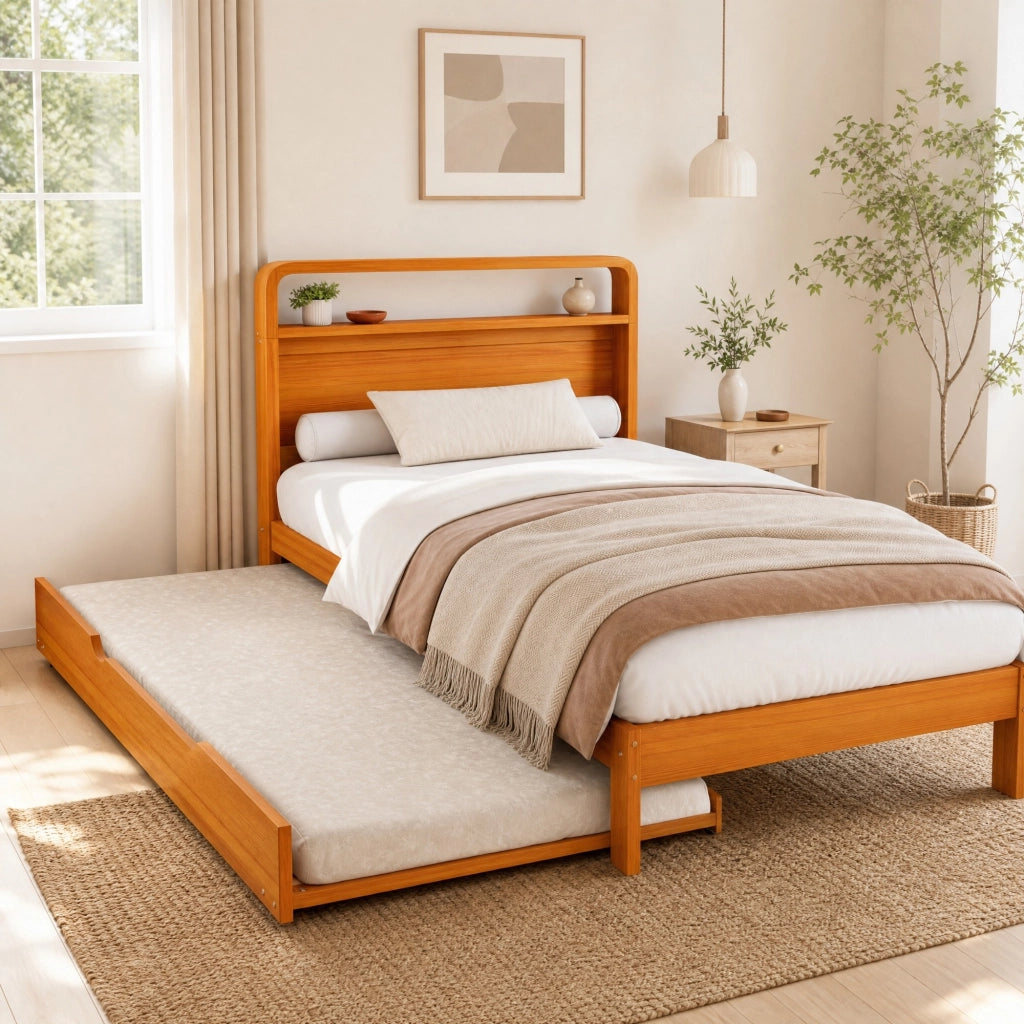 Letto estraibile 90 × 200 cm con letto ospite 90 × 190 cm, montaggio a sinistra o destra, senza materasso, in legno naturale