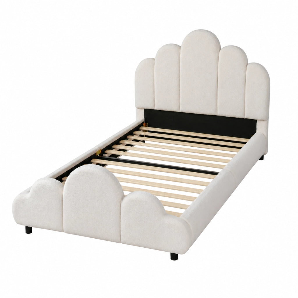 Letto singolo 90x200 cm in bouclé beige, con testiera imbottita, angoli arrotondati e rete inclusa