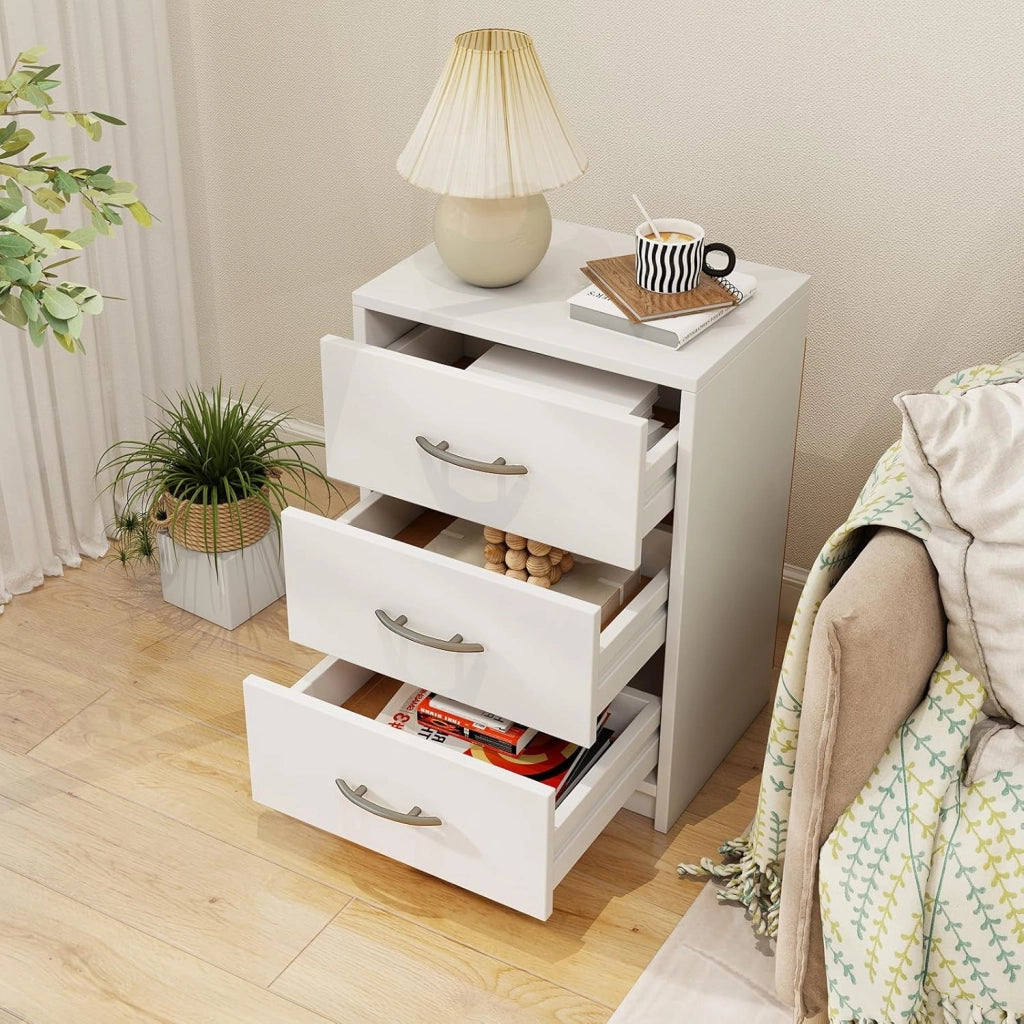 Comodino Camera da Letto con 3 Cassetti, Comodino Salvaspazio in Legno, Comodino Mobile da Letto con Kit Antiribaltamento, per Soggiorno e Studio, 38,5 x 28 x 54 cm (Bianco, 3 Cassetti)