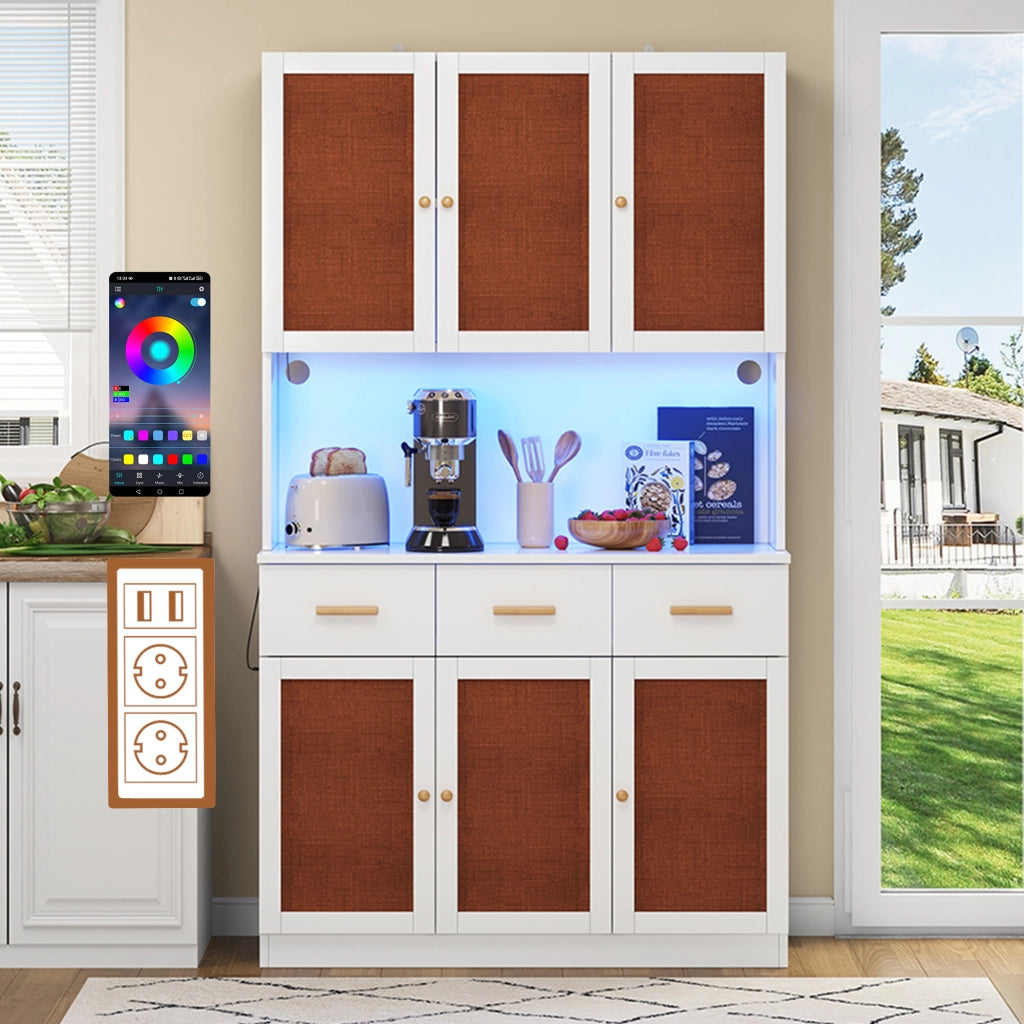 Credenza da cucina con LED e presa elettrica in MDF bianco con ante in tessuto e ripiani regolabili 105 × 43 × 182 cm