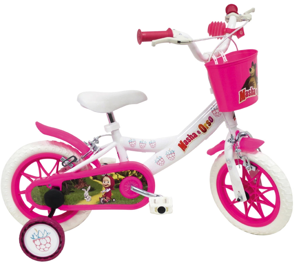 Bicicletta per Bambine 12" Masha e Orso Freno Caliper e Stabilizzatori in Acciaio Hi-Ten Bianco