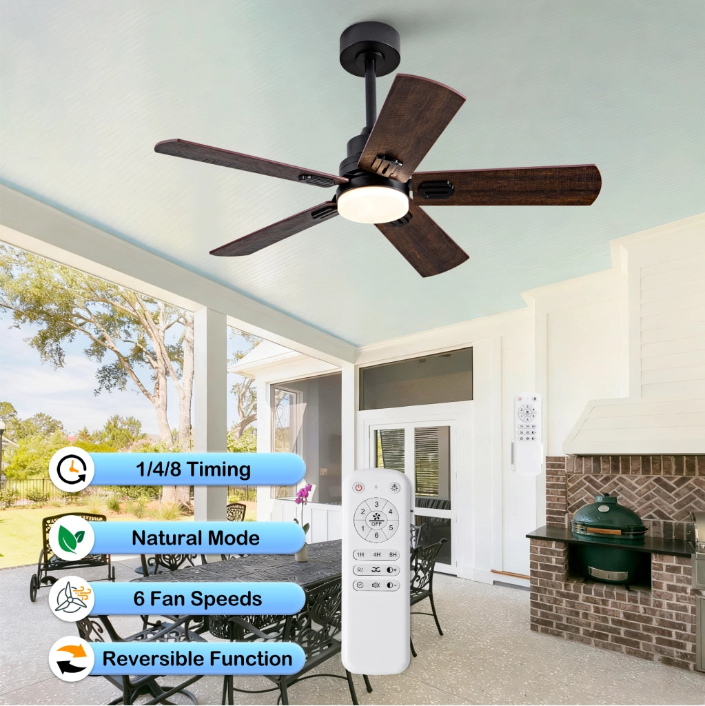 Ventilatore da soffitto esterno nero 42 pollici con luce e telecomando, 5 pale dimmerabili, per terrazze, camere e soggiorni