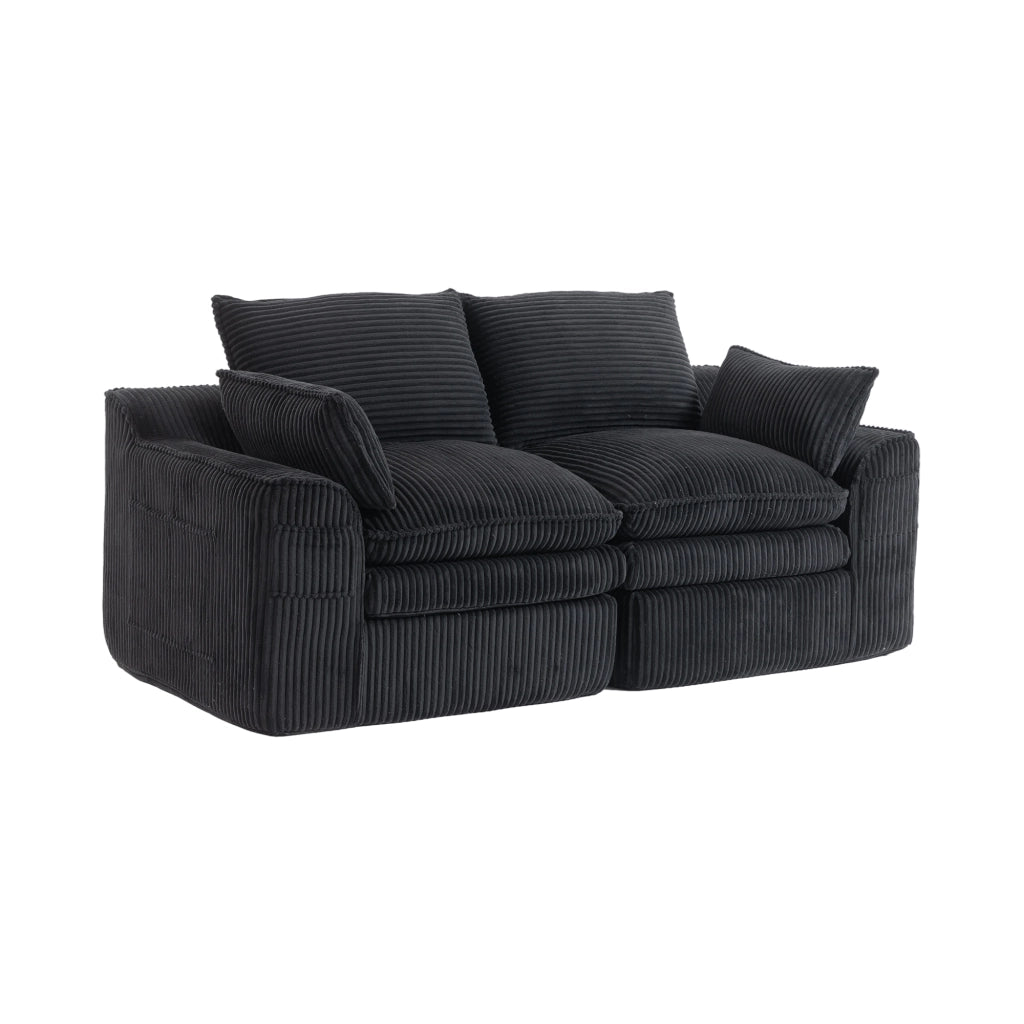 Divano 2 posti 191x94x85 cm con tasche laterali e cuscini in velluto a coste nero
