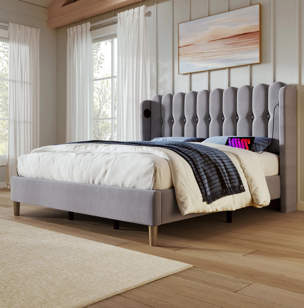 Letto imbottito matrimoniale 180x200 cm in lino grigio con USB e Type-C