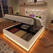 Letto singolo contenitore 90x200 cm in PU bianco, con testiera imbottita, USB Tipo-C e LED a 3 lati, senza materasso