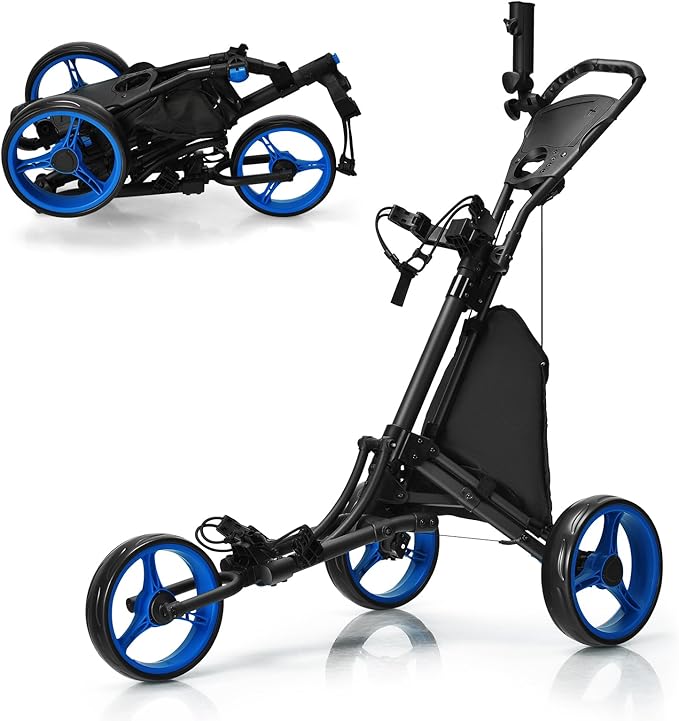 Carrello da Golf Pieghevole con 3 Ruote, Struttura in Alluminio, Cinghia Elastica, Portaombrello Regolabile e Porta Bicchiere, Segnapunti e Freno a Pedale