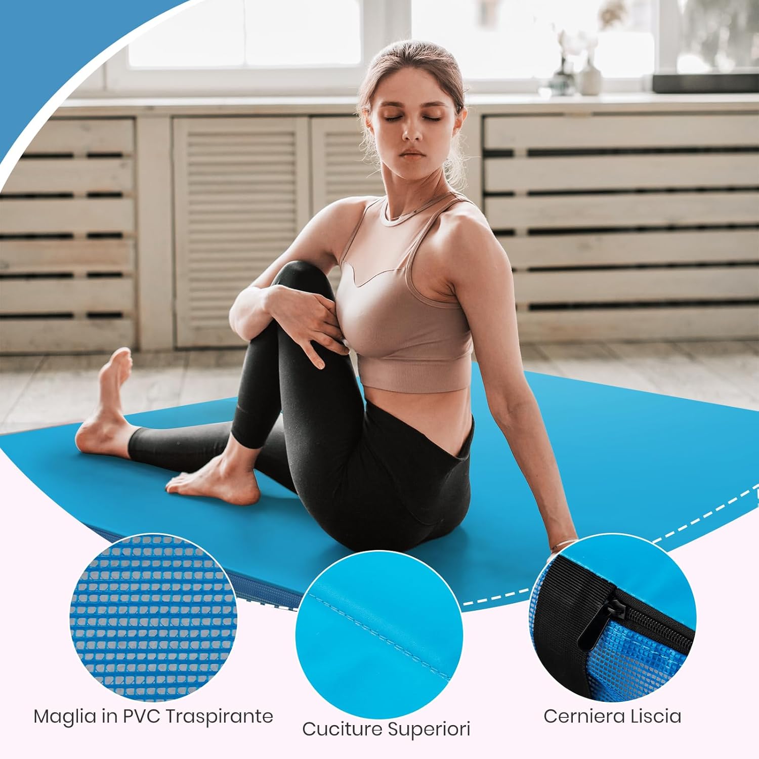 Tappetino FitnessPieghevole, Materassino per Ginnastica e Acrobatica con Rivestimento in Pelle Sintetica e Maniglie, per Esercizi a Casa per Yoga, Stretching e Pilates