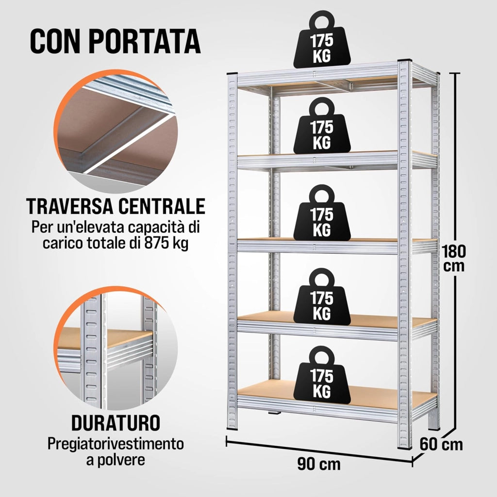Scaffale ad alta portata 2pz in metallo capacità di carico totale 875kg 180x90x60cm 5 ripiani