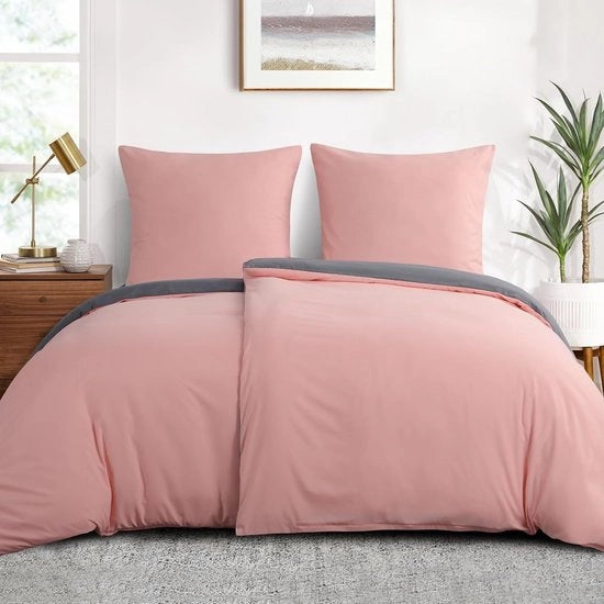 Set di lenzuola 135 x 200 cm, 4 pezzi, grigio, lenzuola a rilascio rapido, 135 x 200 cm, 4 pezzi, con chiusura a zip, coperte a due tonalità, set di 2 coperte morbide con cuscini, rosa e bianco.