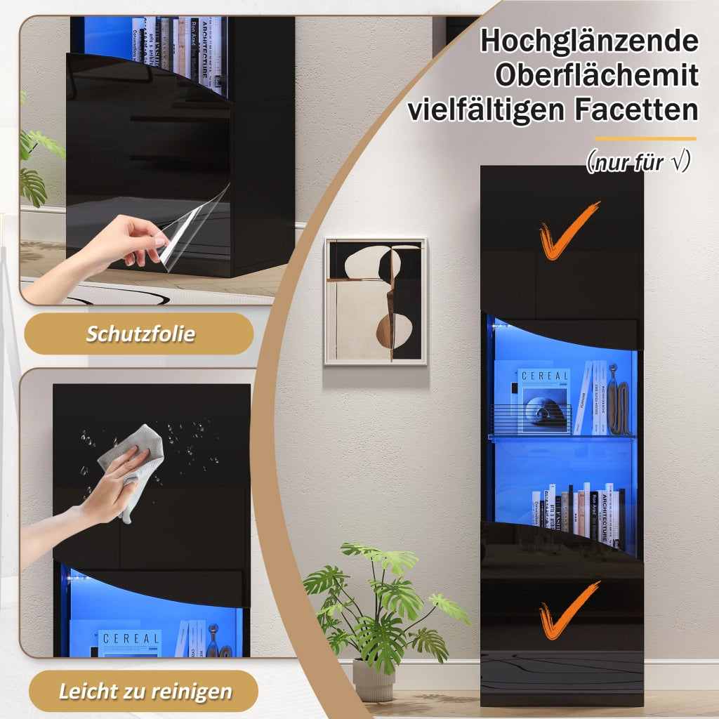 Vetrina alta con 4 ripiani e LED per soggiorno, design stretto, in vetro temperato, nero lucido, 35 × 50 × 165 cm