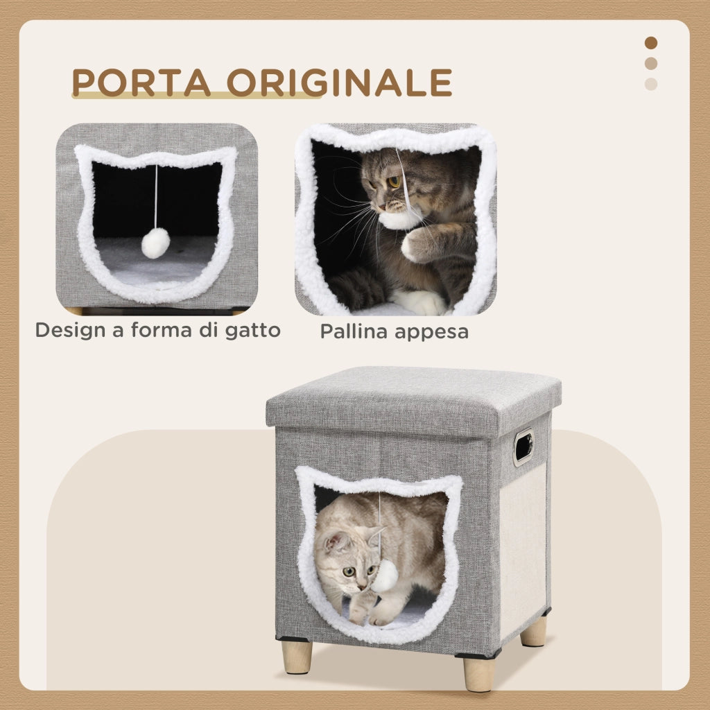 Casetta per Gatti con Tiragraffi e Cuscino ¨C zephmum ¨C Legno e Poliestere Crema Grigio 35.5x35.5x42.5 cm