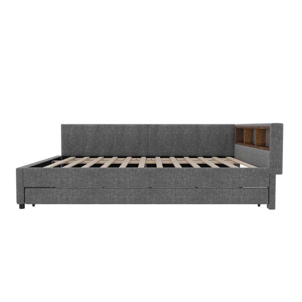 LETTO estraibile 140x200 cm in lino grigio con USB, LED e vani