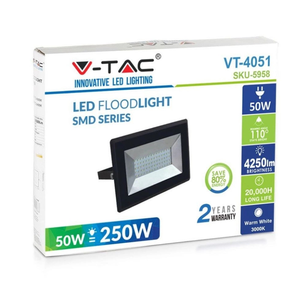 Trade Shop - Faro Proiettore A Led Smd Da 50w Colore Nero Luce Calda 3000k Per Esterno Ip65 -