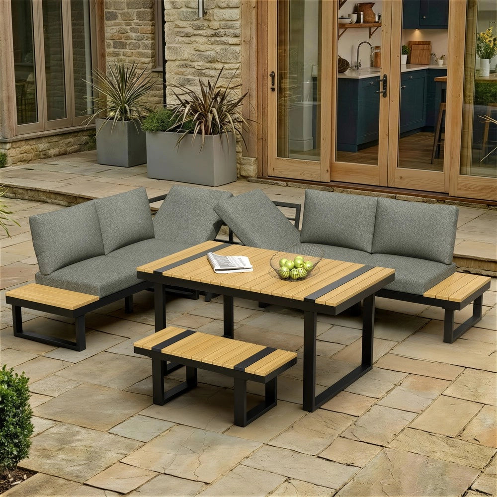 Set da giardino angolare - Zephmum- Grigio e nero, tavolo in legno composito, seduta regolabile