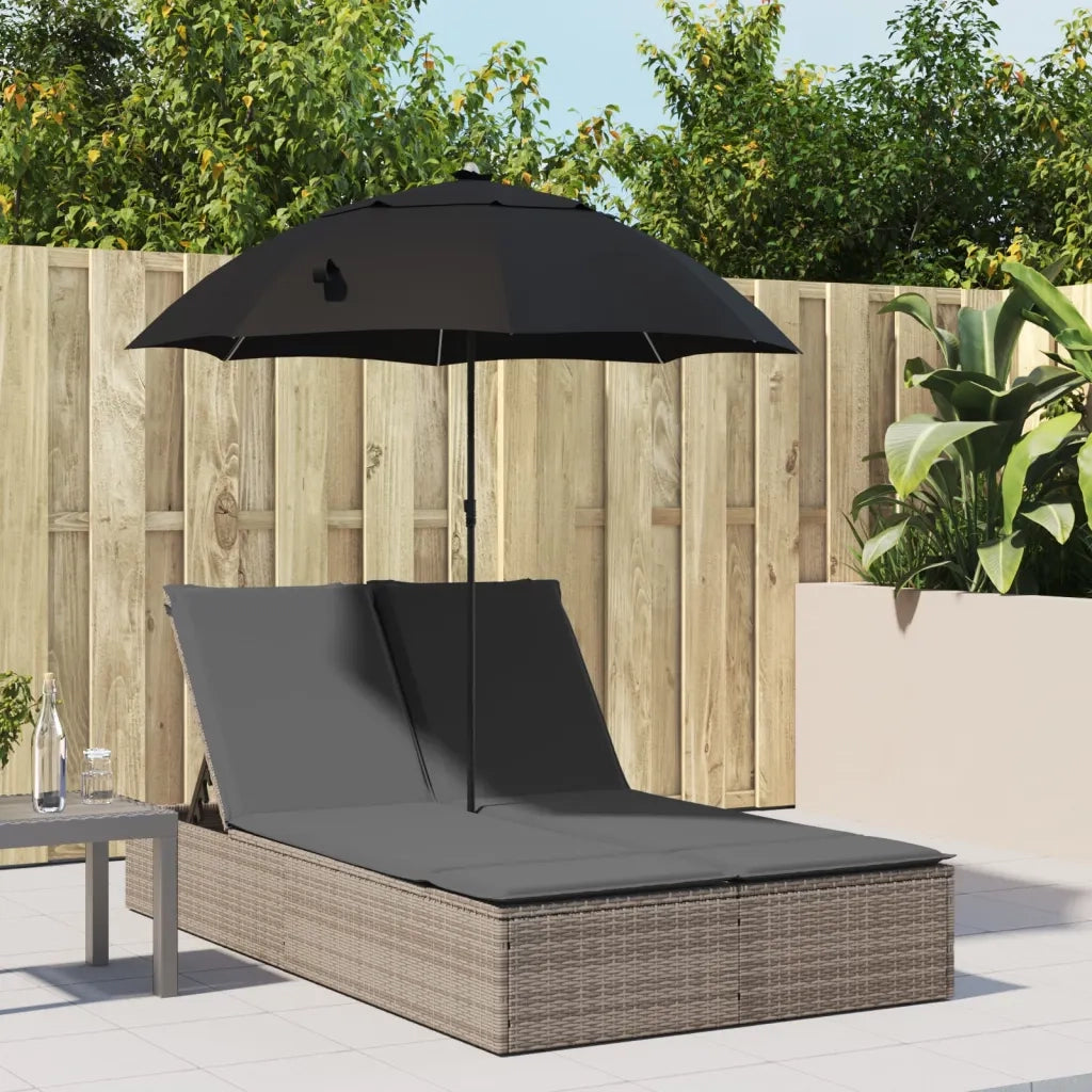 Lettino Prendisole | Sdraio da giardino | Lettino da sole Doppio Cuscini e Parasole Grigio Polyrattan