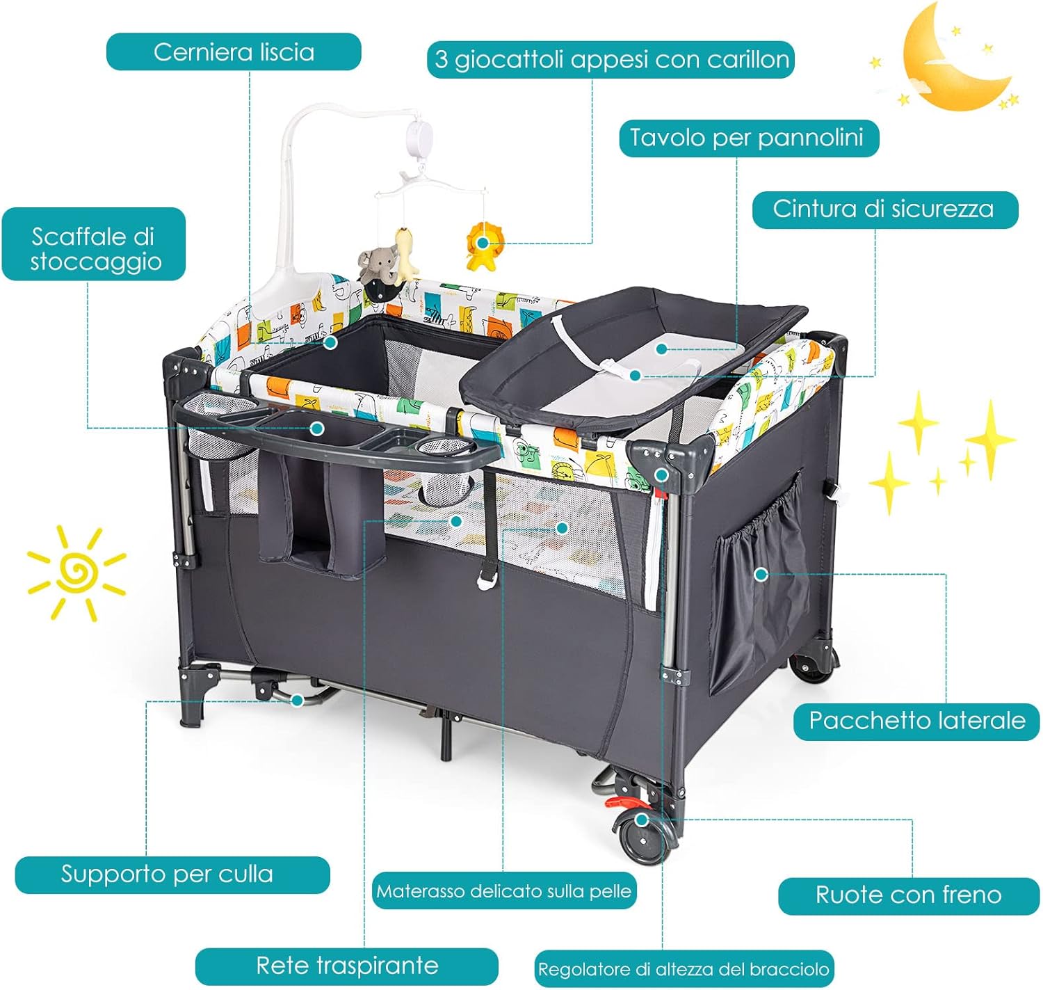 5 in 1 Lettino da Campeggio per Bambini, Lettino con Materasso per Neonato, Culla da Viaggio con Fasciatoio, Altezza Regolabile, Ruote con Freno, per Bambini 0-36 Mesi (Grigio)