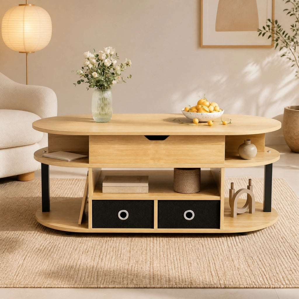 TAVOLO DA SALOTTO con funzione sollevabile 105x50x45/60 cm Nero/Legno