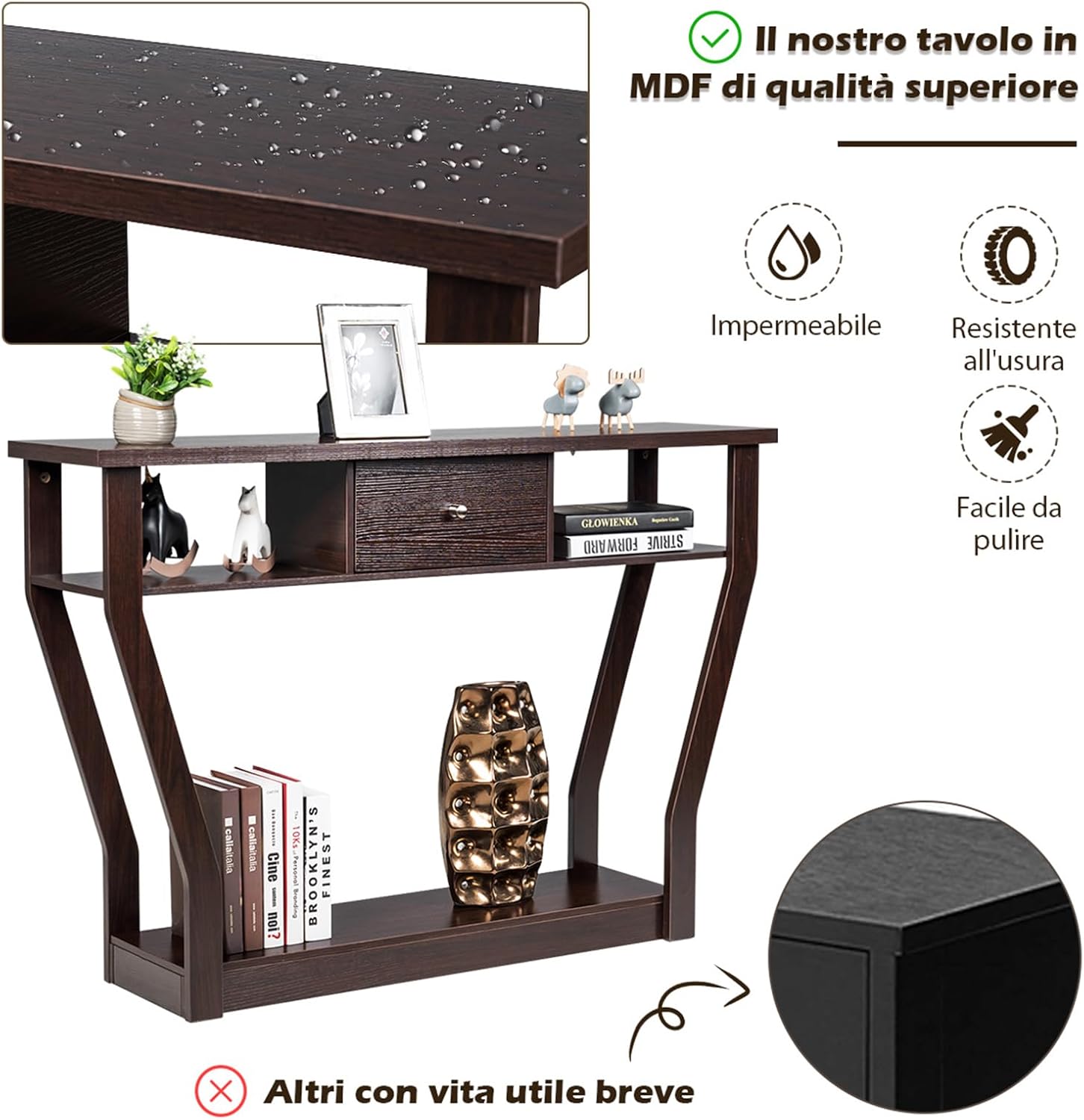 Tavolo Consolle in Legno, Consolle con Cassetto e Ripiani, Tavolo d'Ingresso Multiuso per Salotto, Corridoio e Entrata 120 x 30 x 81 cm (Marrone)