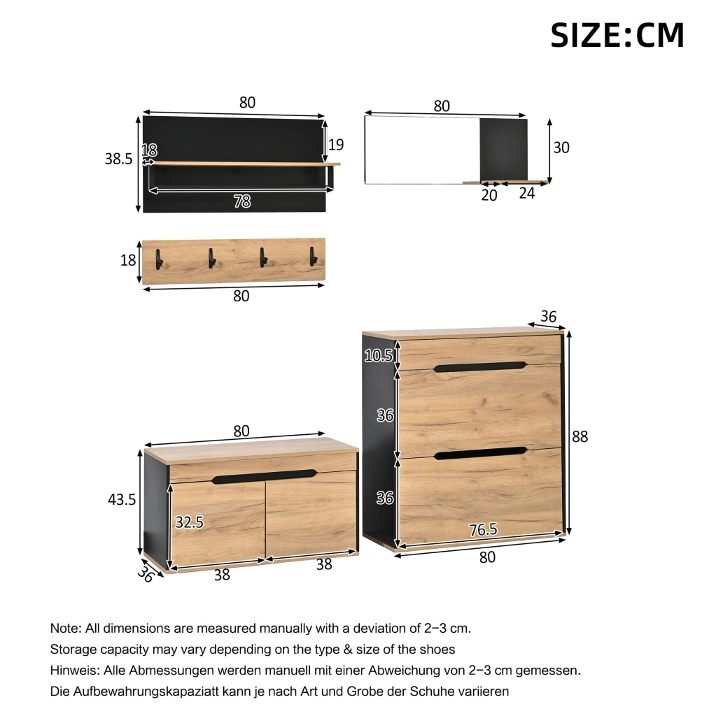 Garderoba ingresso 156x36x176 cm con specchio; ganci e scarpiera regolabile in MDF naturale e nero