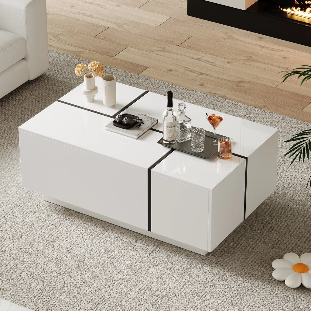 Tavolino da caffè bianco e nero con 4 cassetti, 100x60x40 cm