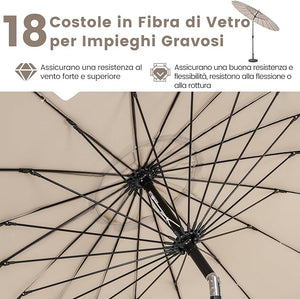 Ombrellone da Giardino Rotondo di 265 cm, Ombrellone da Patio con 18 Costole, Inclinazione a Pulsante, Parasole con Supporto in Metallo, per Cortile, Piscina, Spiaggia(Beige)
