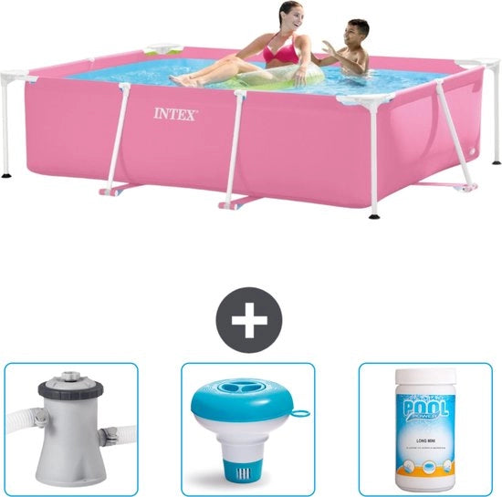 Piscina in Rete Reclinata - 220 x 150 x 60 cm - Rosa - Inclusa Pompafiltro Piscina - Distrattore Cianuro - Chloor