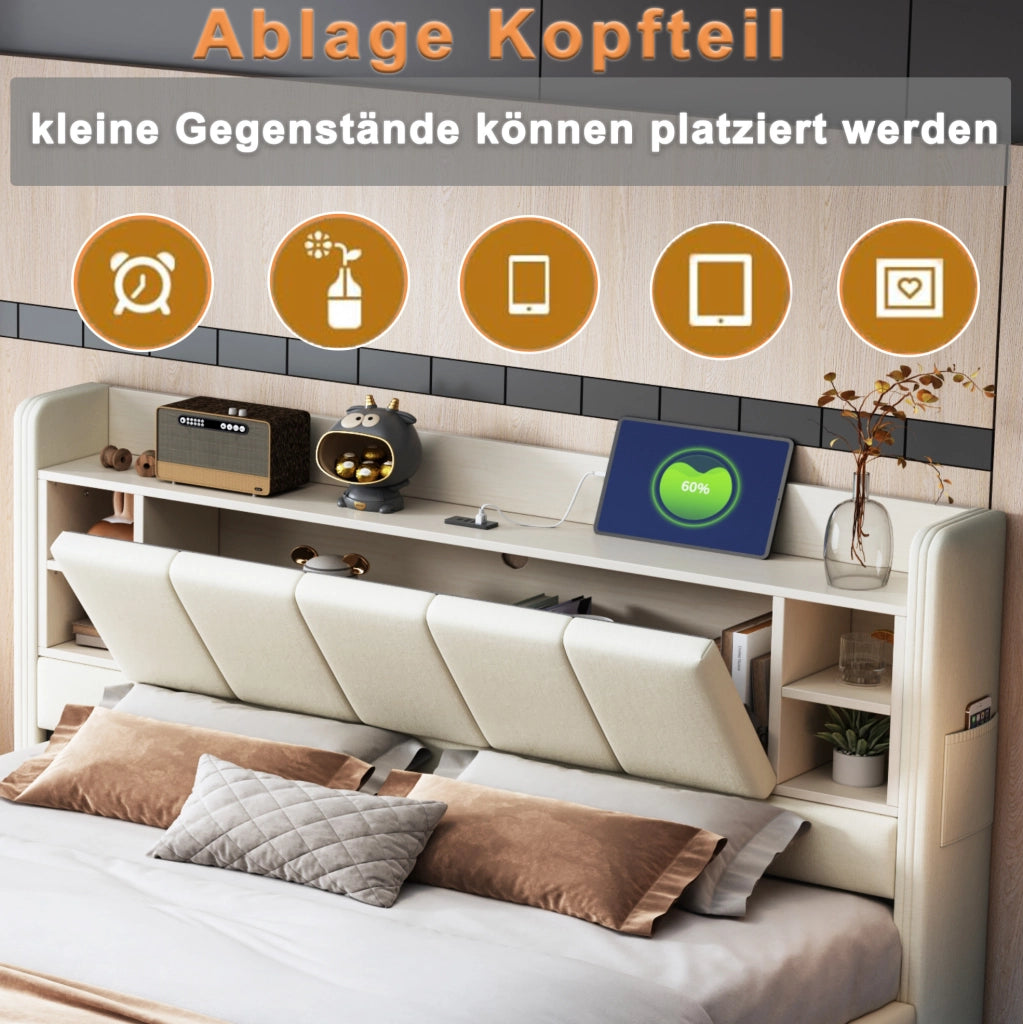 Letto matrimoniale imbottito beige 140 x 200 cm con LED, USB e contenitore