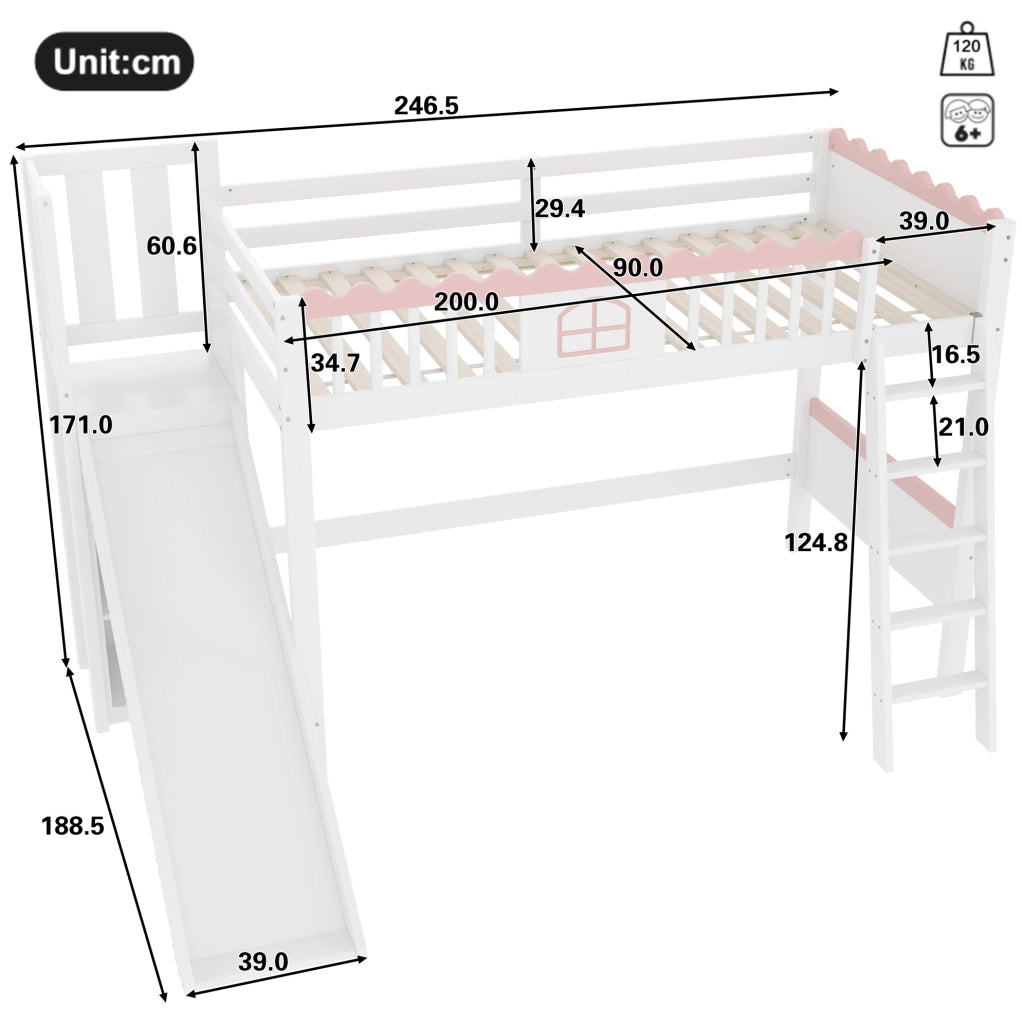 Letto a soppalco per bambini 90x200 cm con scivolo e LED