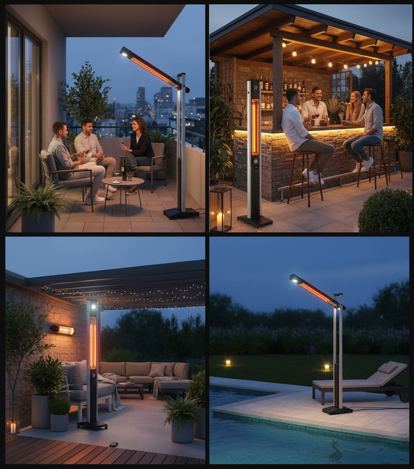 Stufa Elettrica ad infrarossi da Esterno 50x25x200 cm in Fibra di Carbonio con Luce Led Skyline Total Black