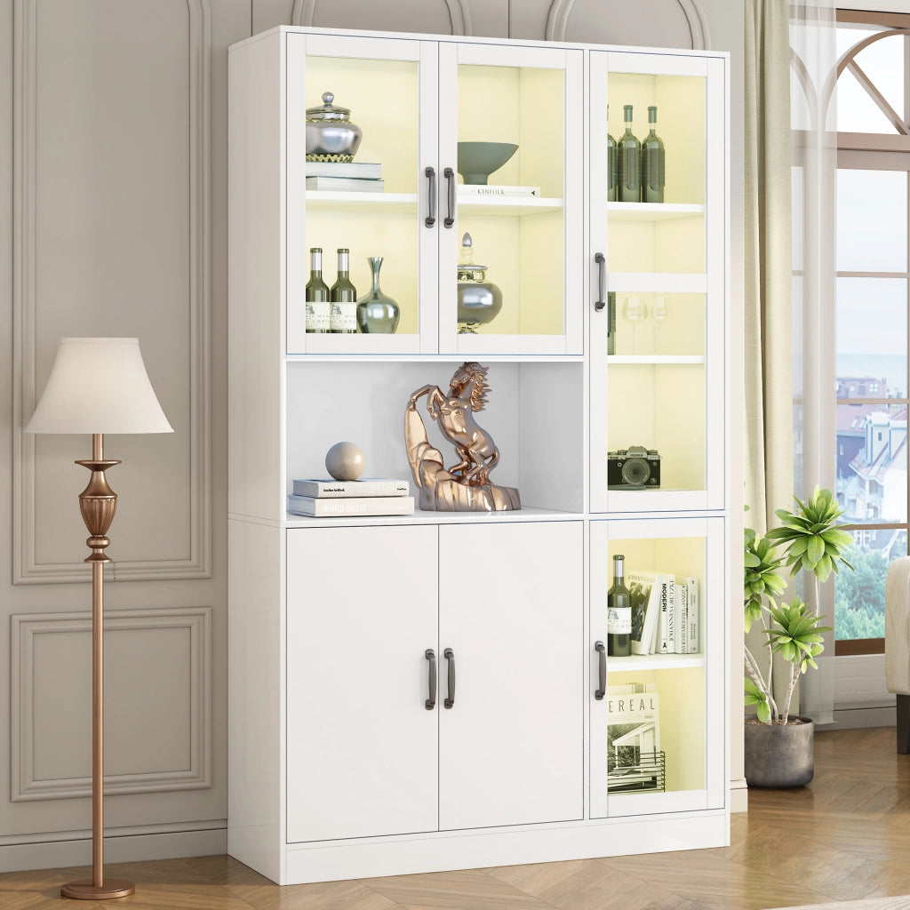Libreria vetrina bianca con LED, ante in vetro HD, 9 vani, 120x40x200 cm, mobile contenitore multiuso