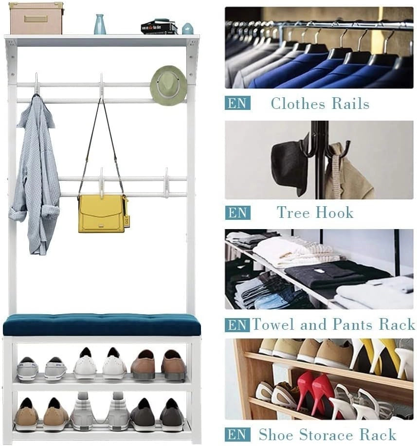 Appendiabiti in Metallo con Panca per Scarpe, 11 Ganci e 2 Ripiani per Scarpe, Moderno Organizer per Ingresso Industriale per corridoi, soggiorni, Facile da Montare, 100 x 30 x 172 cm