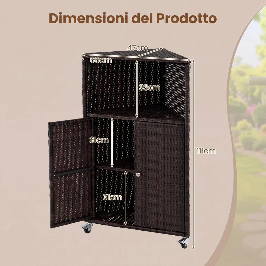 Armadietto da Esterno Angolare, Armadio da Esterno in Rattan PE con Ruote Bloccabili, 2 Ripiani Aperti e 2 Ante, Credenza da Cucina per Giardino, Piscina e Terrazza, 66 x 47 x 111 cm
