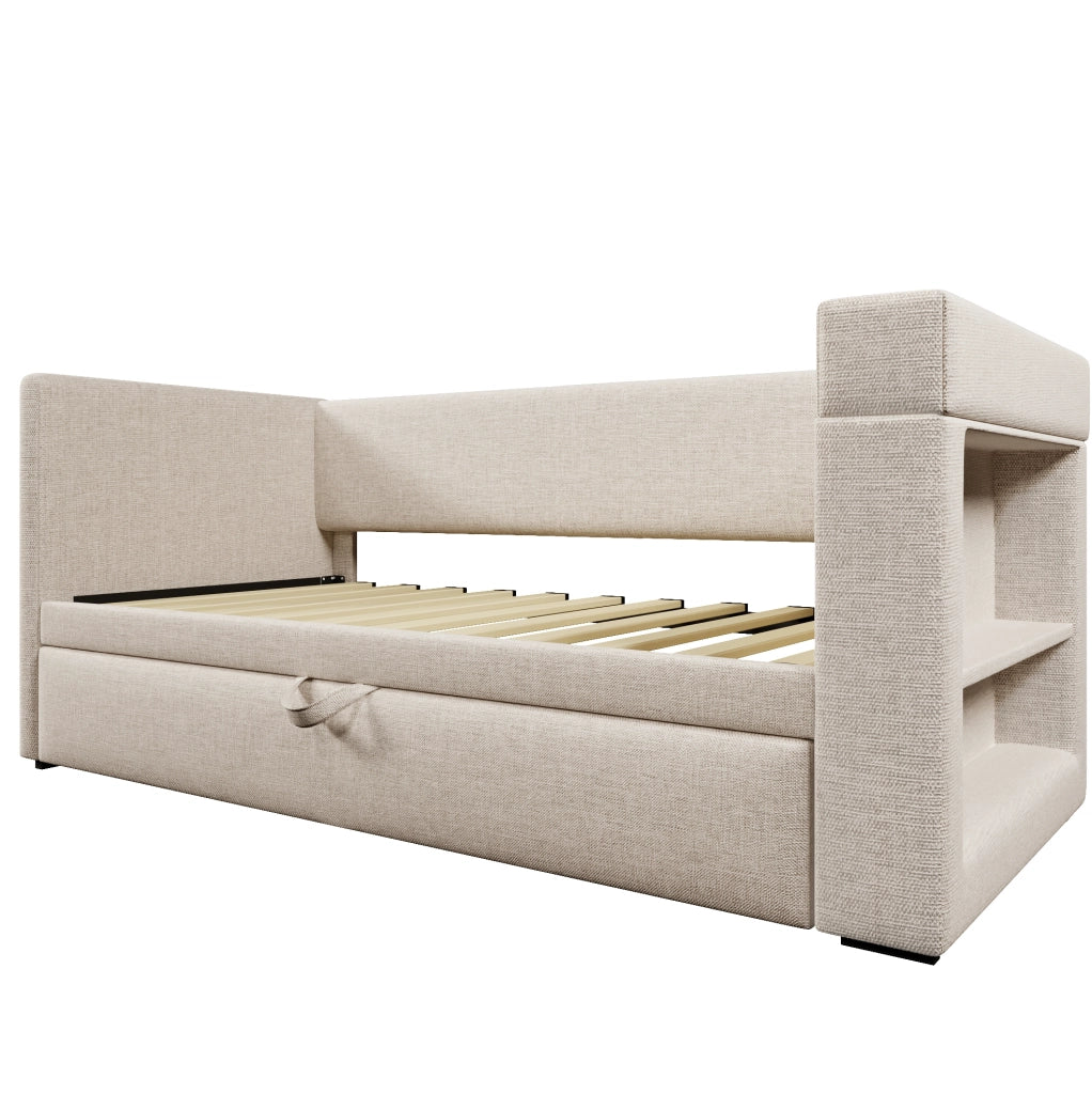 Divano letto estraibile 90x190 cm in cotone-lino beige con USB e Type-C