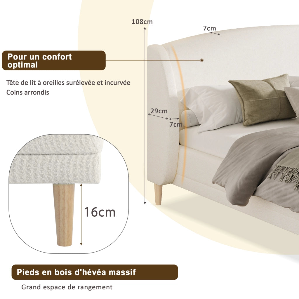 Letto Matrimoniale 140x190 cm; Testiera a Orecchie; in Tessuto Bouclé; Bianco