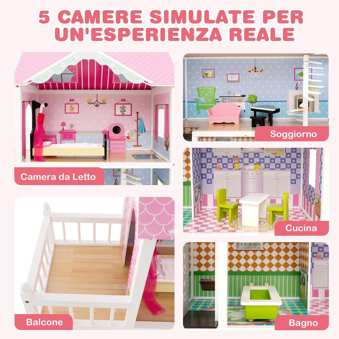 Casa delle Bambole in Legno, con Ascensore Funzionante, Scala Girevole, Stanze Simulate e Ricchi Accessori di Arredamento, Regalo per Bambini di 3+ Anni