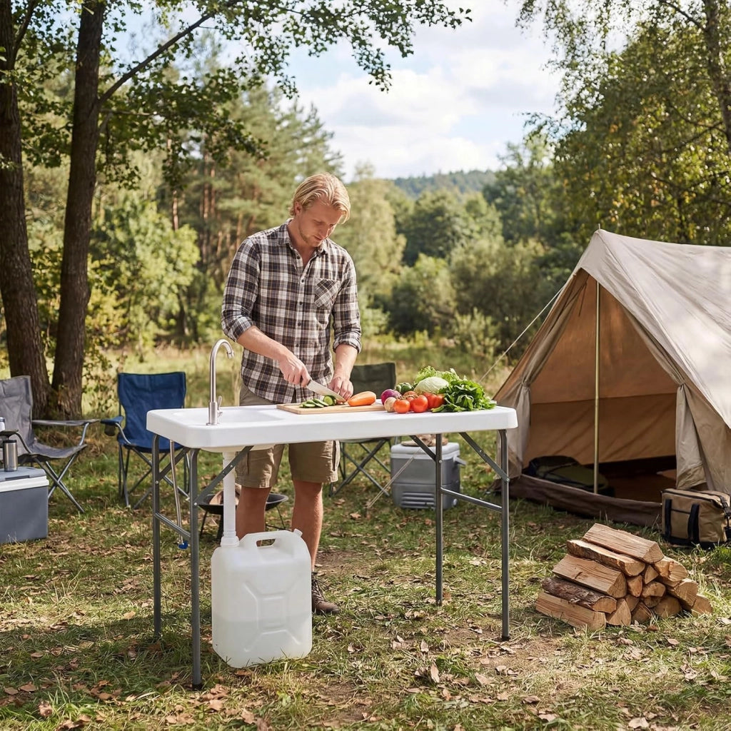 Tavolo da Campeggio con Rubinetto e Lavandino, 104 x 59 cm, Tavolo Pieghevole e Portatile per Lavaggio e Preparazione di Cibi, Pesca e Verdure, per Picnic, Spiaggia, Cortile e Giardino